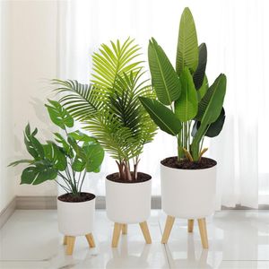Indoor Outdoor Planter Green Plant Flower Pot With Wooden Legs Stand Floor Standing White Plant Pots For Bedroom Balcony Decor