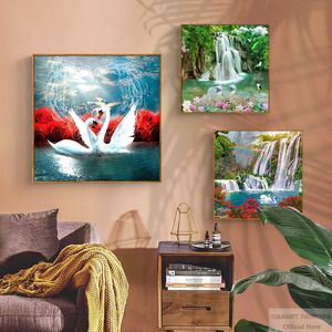 DIY Square / Round Diamond Målning Vattenfall Mosaiklandskap 5D Diamond Embrodery Swan Tree Wall Art Rhinestones Bilder