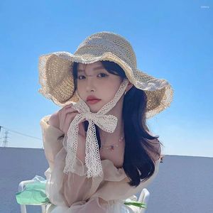 Wide Brim Hats Straw Hat Summer Korean Version UV Protection Cover Big Lace Bow Beach