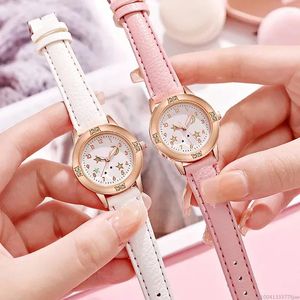 Avanadores de pulso Casual Cute Star Moon Luminous Crianças assistem para mulheres meninas couro feminino feminino Relógio de quartzo de quartzo Montre femme