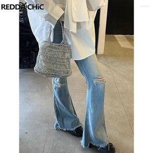 Women's Jeans ReddaChic Destroyed Y2k Flare Casual Solid Blue Bleached Frayed Bootcut Pants High Rise Trousers Korean Streetwear