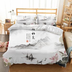 Nature Landscape Cover Cover King/Queen Size, Chinese Ink Maluting Style Pedding Zestaw River Mountain River 2/3pcs Poliester Połysa