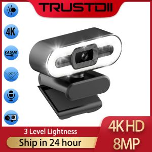 Webbkameror Trustdii Full HD 1080p 2K 4K WebCam Auto Focus Fill Light Web Camera med Microphone Live Broadcast USB Computer PC Web Cam Cam Cam