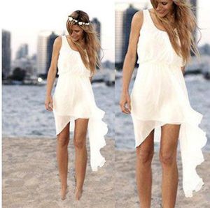 Sommarstil Asymmetriska korta strandbröllopsklänningar Enkel design Scoop Neck Ivory Chiffon Mantel Brudklänningar Custom Made W3502632062