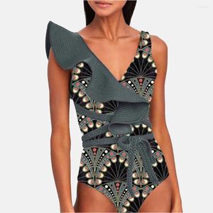 Women's Swimwear Deep V-neck Print Ruffle One-piece Swimsuit Women 2024 Summer Beach Wear Solid Black Ruffled Deep-v Beachwear