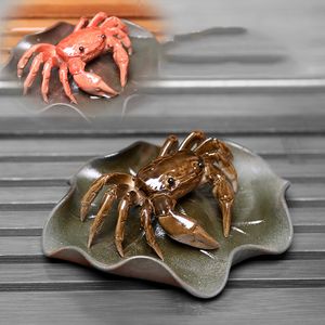 葉のティーと一緒にカニを変色させるピニーパープルサンド樹脂zi sha crab彫像セラミックティーセンター