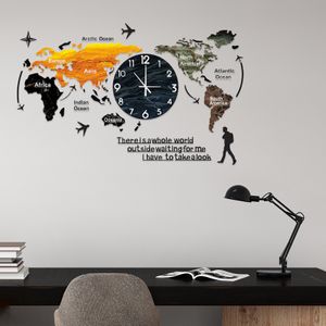 Mapa mundial relógio de parede sem punção grade de diy adesivos de parede relógio de parede relógio mudo design de auto adesivo moderno horloge arte