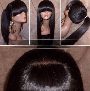 Шелковистый прямой кружевный парик с полным челком хвостик бразильский девственник человеческие волосы полные кружевные парики для женщин натуральная Color8930642