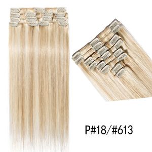 P#18/613 Clipe loiro em extensões de cabelo Remy Humano piano de cinzas escuras de cinzas escuras misturadas com alvejante Blonde Color Extensões de cabelo sem costura