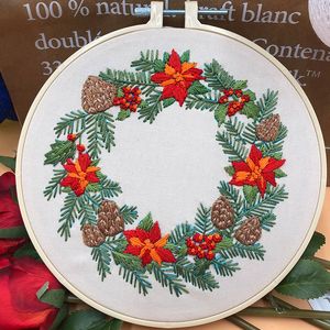 DIY Christmas wreath Pattern Embroidery Kit with Hoop Cross Stitch Sewing Art Craft Painting for Beginner Needlework Home Decor