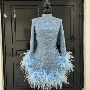 Party Dresses Gorgeous Pale Blue Prom With Sleeve Feather Custom Straight Beaded Sequin Dress Saudi Arabic Gowns Ostrich