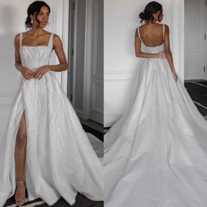 Gorgeous crystal a line wedding dress for bride straps boho country wedding dress bridal gowns thigh split vestido de novia sweep train robe marrage