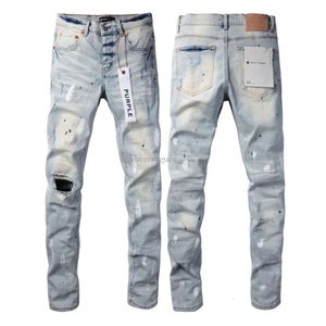 Purple Men's Jeans High Street Blue Broken Hole Denim Pants Ejressed Slim Fit Washed Trousers