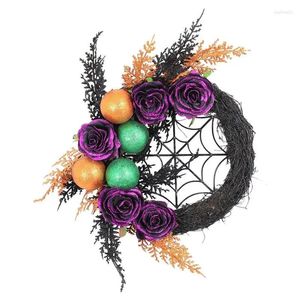 Fiori decorativi Halloween Decorazioni illuminate in ghirlanda porta anteriore appesa con ramo di sfera nera in fibra di prati leggeri a LED
