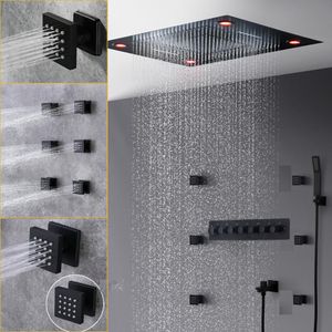 Matt Black Spa Massapge Duschkopf Niederschlag Wasserfall Laterale Jets Thermostatisches Ventil 6 Funktionen LED -Duschhahnmixer Set