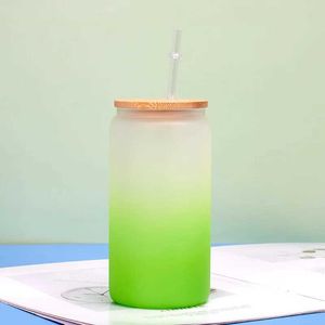 Szsa muggar 16oz 20oz färgförändringsglas kan vattenflaskor frostade fria från bly termisk sublimering bambu täcker EDC Portable Drink Bottle 240410