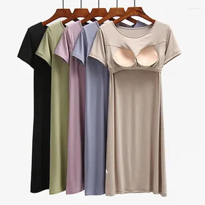 Kvinnors sömnkläder FDFKLAK Bekväma modala nattklänningar Kvinnor Bröst vadderad Casual Nightwear Kvinnlig nattluften Spring Summer Dress