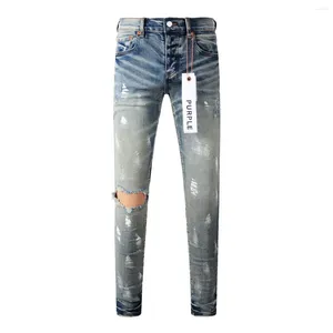 Women's Pants Purple Brand Jeans 2024 High Street Paint Holes And Blue Ground White Fashion Quality Repair Low Rise Skinny Denim