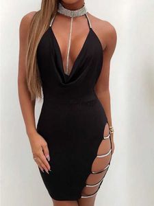 Urban Sexy Dresses Sexig Deep V Neck Low Cut Side Split Silver Collar Bodycon Dress Women Elegant Backless ärmlös Mini Dress Club Party Vestidos 240410