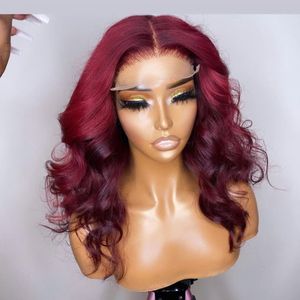 Short Bob 13x4 Lace Front Wig 1B 99J Loose Body Wave Burgundy Human Hair Wig Brazilian Remy Pre Plucked Ombre Red 180 Density
