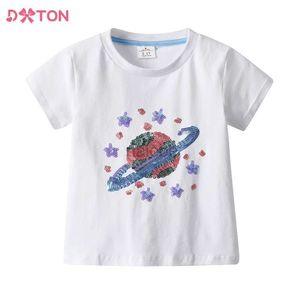 T-shirts DXTON Children Galaxy Sequined T-shirt Kids Summer Short Sleeve O Neck Cotton Casual Tops Tees Children Clothing Infant Costumes 240410