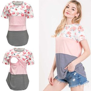 Women Mom Blouse Pregnant Nusring Maternity Short Sleeve Stripe Print Floral Blouse Tops Maternity Casual Soft Blouse T-Shirt