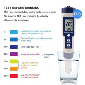 5 In 1 TDS/EC/PH/Salinity/Temperature Meter Digital Water Quality Monitor Tester For Pools, Drinking Water, Aquariums Reusable