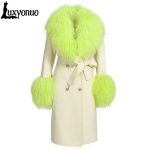 Luxyonuo Wool Cashmere Coat Women Luxury Real Mongolian Sheep Sur Collar Ladies Double Faced Trench Coat Belt Slim Winter Long