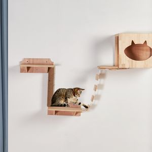 Cat Bridge Climbing Frame Wood Pet Cat Tree House Bed Hammock Scratching Post Cat Furniture Cat Toy Play House Wall Mounted