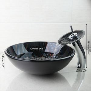 Bathroom Hand Painting Tempered Glass Basin Bowl Sinks Vessel Basins With Brass Faucet Taps Water Drain Bathroom Sink Set