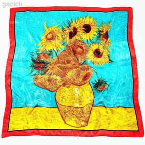 Scarves 90cmHot Sale Spring Van Gogh Classic Series Oil Painting Vase Sunflower Lady Decoration Simulation Silk Scarf Large Square Scarf 240410