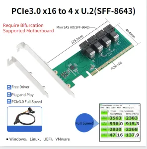 Karten ngff pcie 16x bis 4 Ports U.2 U2 Nonbifurcation Expansion Card SFF8643 NVME PCIE SSD -Adapter für Bifurcation Motherboard