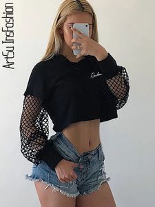 Siyah kırpılmış sweatshirt uzun kollu üst kadın kapüşonlu kapüşonlu sokak kıyafetleri kpop harajuku kapüşonlu mahsul üstleri örgü kapşonlu kıyafetler 240326