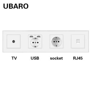 UBARO EU Standard Wall Socket Tempered Glass Frame RJ45 RJ11 TV Signal Terminals USB 5V 2A Plugs Home Outlet 250V 16A 344*86mm