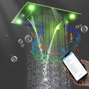 Badrum duschkranar bluetooth musik duschhuvud elektriskt led regn dimma vattenfall 4 funktioner badpanel termostatisk mixer