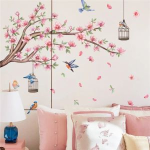 ピンクピーチブロッサムフラワーズブランチバードリビングルームのための花の壁のステッカーリビングルーム寝室家具背景壁のデカール壁画pvc