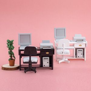 1/12 Mini Toys Dollhouse Miniatures Wood Desk and Chair Computer Mouse Keyboard Host Printer Office Supplies Model Kit Furniture