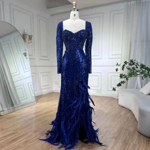 Serene Hill Royal Blue Mermai Sparkle Blose Luksusowe długie sukienki wieczorowe suknie z koralikami pióra dla kobiet impreza 2024 GLA72387