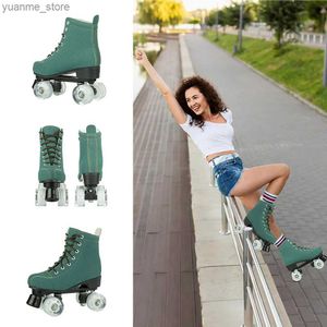 Patins em linha patins verdes rosa rosa laranja patins tênis de linha dupla homens homens adultos tênis de patinação de duas linhas com flash pu 4 rodas treinamento y240410