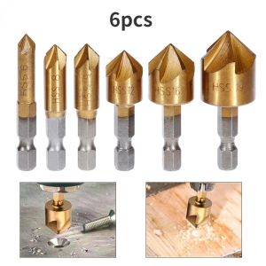 6/3 pcs Countersink Drill Bit Set 1/4'' Hex Shank HSS 5 Flute Countersink 90 Degree Wood Chamfering Cutter Woodworking Tools