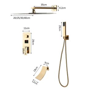 Rozin Gold Shower Facet Digital Display Rainfall Badrum Duschsystem Väggmonterad dold Box Mixer Tap med badkarpip