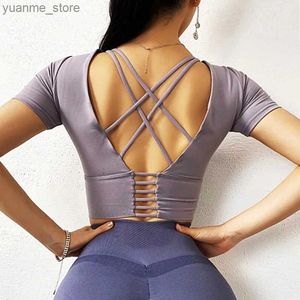 Yoga Roupfits Cloud Hide Home Women Sports Sport Sutret Sport Sport Sleeve Short Manga Sexy Fitness Yoga Crop Top Plus Size Girl Running Gym T-shirt Y240410