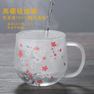 300ml Sakura Kupa Cam Kupa Çay Infuser Filterlid Kiraz Kupa Set Çiçekleri Çiçek Çay Fincanı Şeffaf Isı Dayanıklı Gözlükler