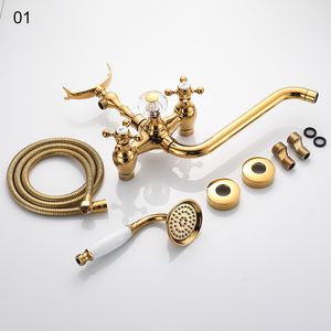 ELLEN Gold Wall Mounted Bath Tub Faucet Bathtub Faucets with Hand Shower Dual Handle Hot Cold Mixer Crane ELF1003