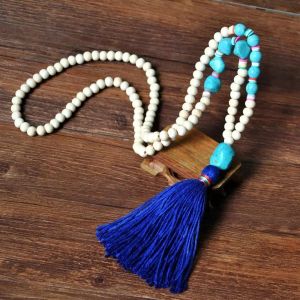Bohemian Ethnic Handmade Summer Beach Wood Beaded Necklace Boho Colorful Tassel Long Beads Pendant Necklace For Women Vintage