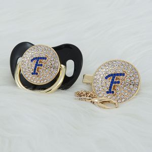 Miyocar Gold Blue Bling Инициалы синяя 3D -буква F Bling Pacifier и Pacifier Clip BPA Бесплатный манек