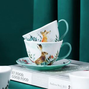 Europeisk högkvalitativ kaffekoppfat kreativ 200 ml keramik The Deer Fox Rabbit Owl Mönster Kaffe mugg te cup diskift