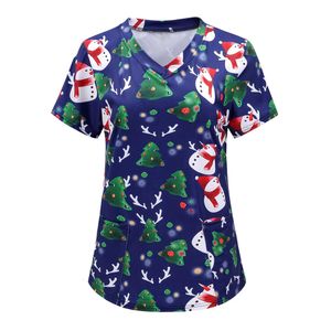 Damen Weihnachtsdruck Kurzschleiern V-Ausschnitt Top Nurse Uniformen Frau Tops Haustier-Pflege-Uniform 240410