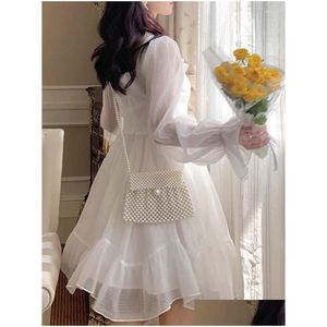 Abiti casual di base Mini Women Fashion Korean Kawaii Abito a maniche lunghe in chiffon in stile preppy Swigh Fairy Princess Ruffles Vestidos Dhfvm