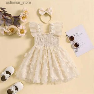 Flickans klänningar Visgogo Kids Girls Dress 2st Outfit Fly Sleeve Pleated Spets Flowers Tulle Dress with Bow pannband Sommarkläder L47